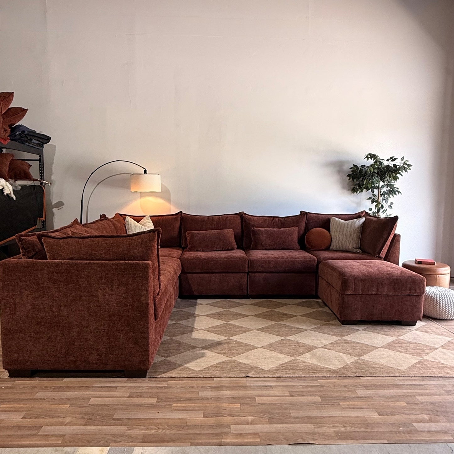 Ambler Modular Grand Corner Sectional w/ Ottoman in Red Chenille — Kindred Couches