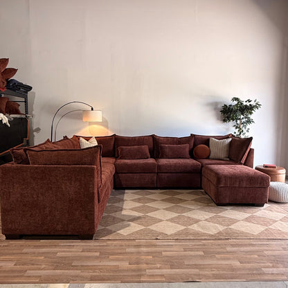 Ambler Modular Grand Corner Sectional w/ Ottoman in Red Chenille — Kindred Couches