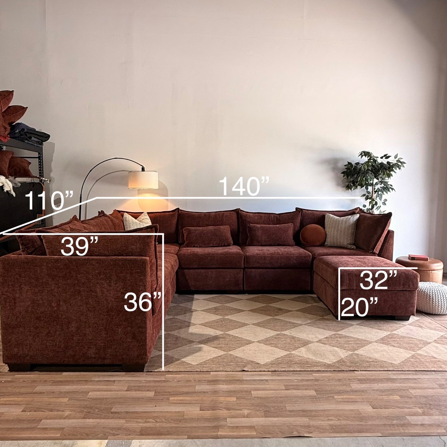 Ambler Modular Grand Corner Sectional w/ Ottoman in Red Chenille — Kindred Couches