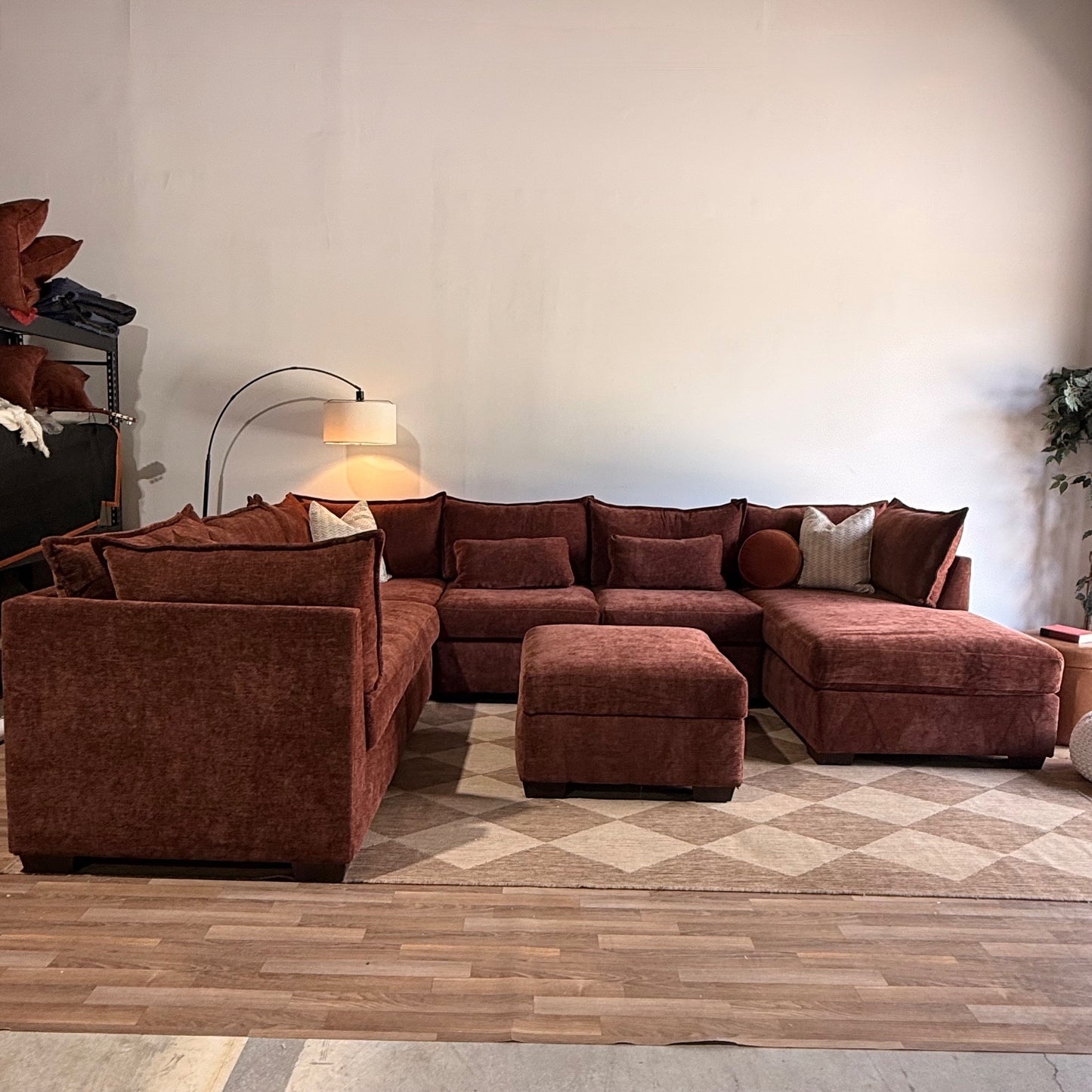 Ambler Modular Grand Corner Right Chaise Sectional w/ Ottoman in Red Chenille — Kindred Couches