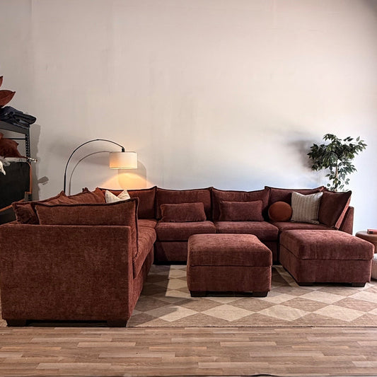 Ambler Modular Grand Corner Sectional w/ 2 Ottomans in Red Chenille — Kindred Couches