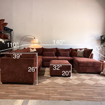 Ambler Modular Grand Corner Right Chaise Sectional w/ Ottoman in Red Chenille — Kindred Couches