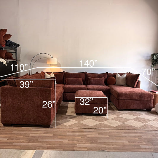 Ambler Modular Grand Corner Right Chaise Sectional w/ Ottoman in Red Chenille — Kindred Couches