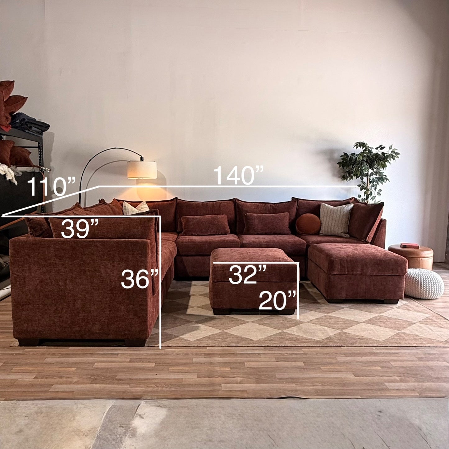 Ambler Modular Grand Corner Sectional w/ 2 Ottomans in Red Chenille — Kindred Couches