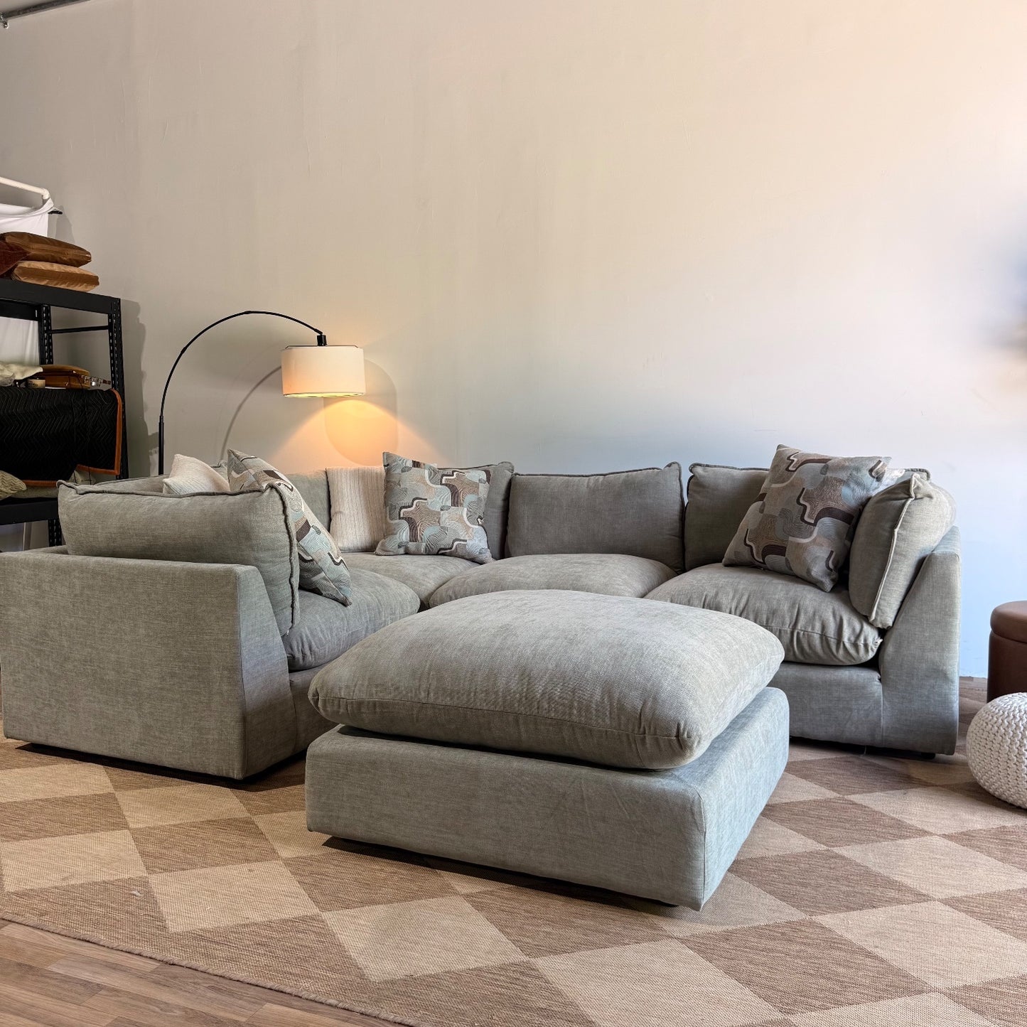 Mesa L-Shape Enclosed Sectional w/ Ottoman in Sage Green Chenille