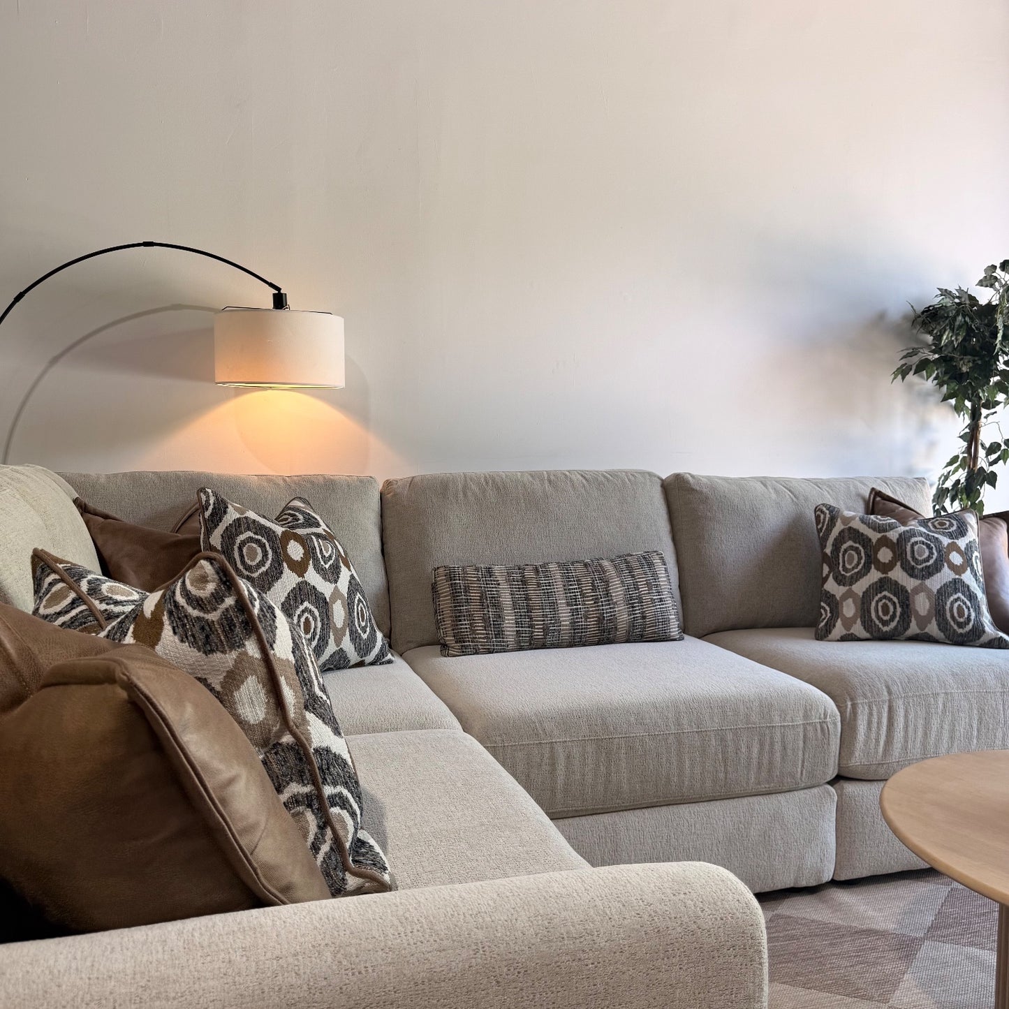 Oak L-Shape Enclosed in Beige Performance Fabric