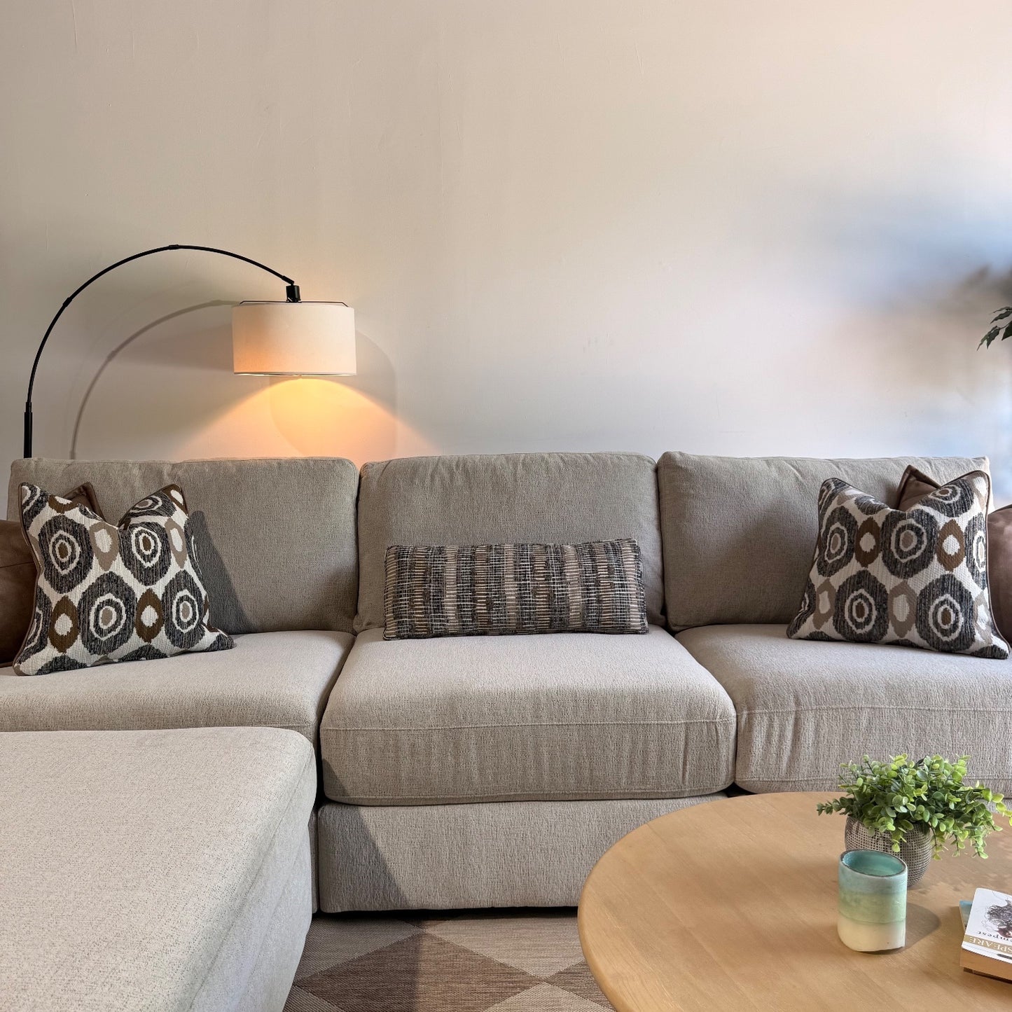 Oak Sofa + Ottoman in Beige Performance Fabric