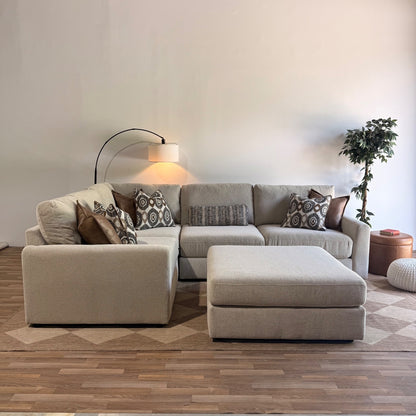 Oak L-Shape Enclosed + Ottoman in Beige Performance Fabric