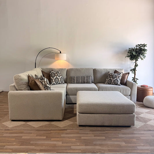 Oak L-Shape Enclosed + Ottoman in Beige Performance Fabric