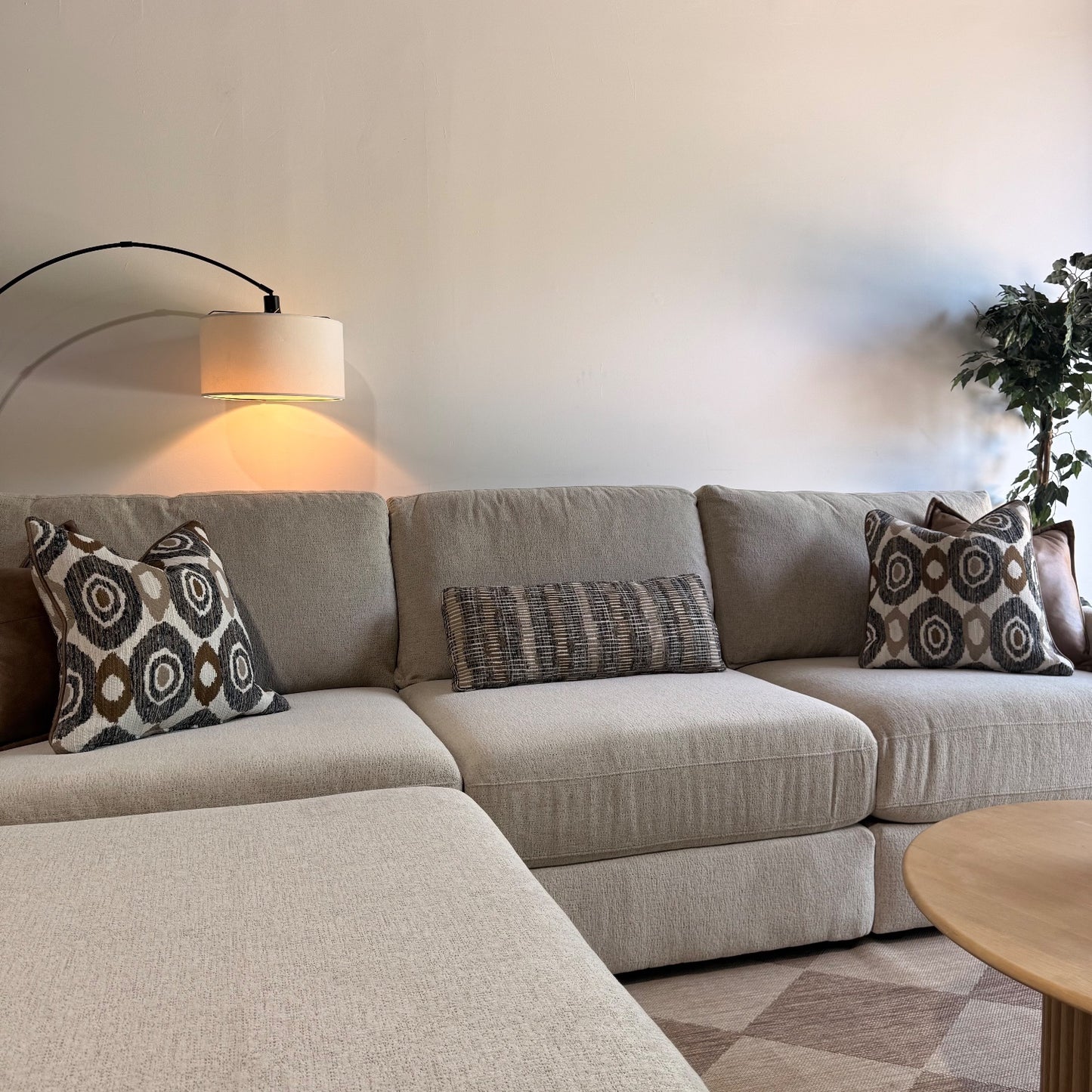Oak Sofa + Ottoman in Beige Performance Fabric