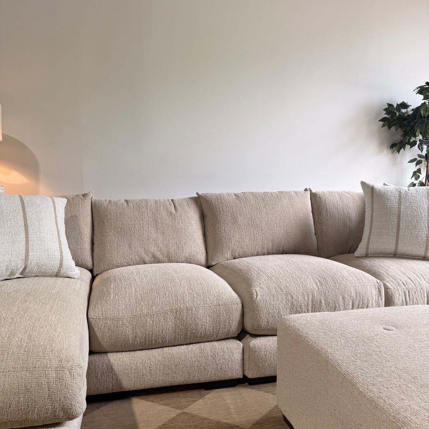 Parker Long Left Chaise Sectional + Ottoman in Beige — Kindred Couches