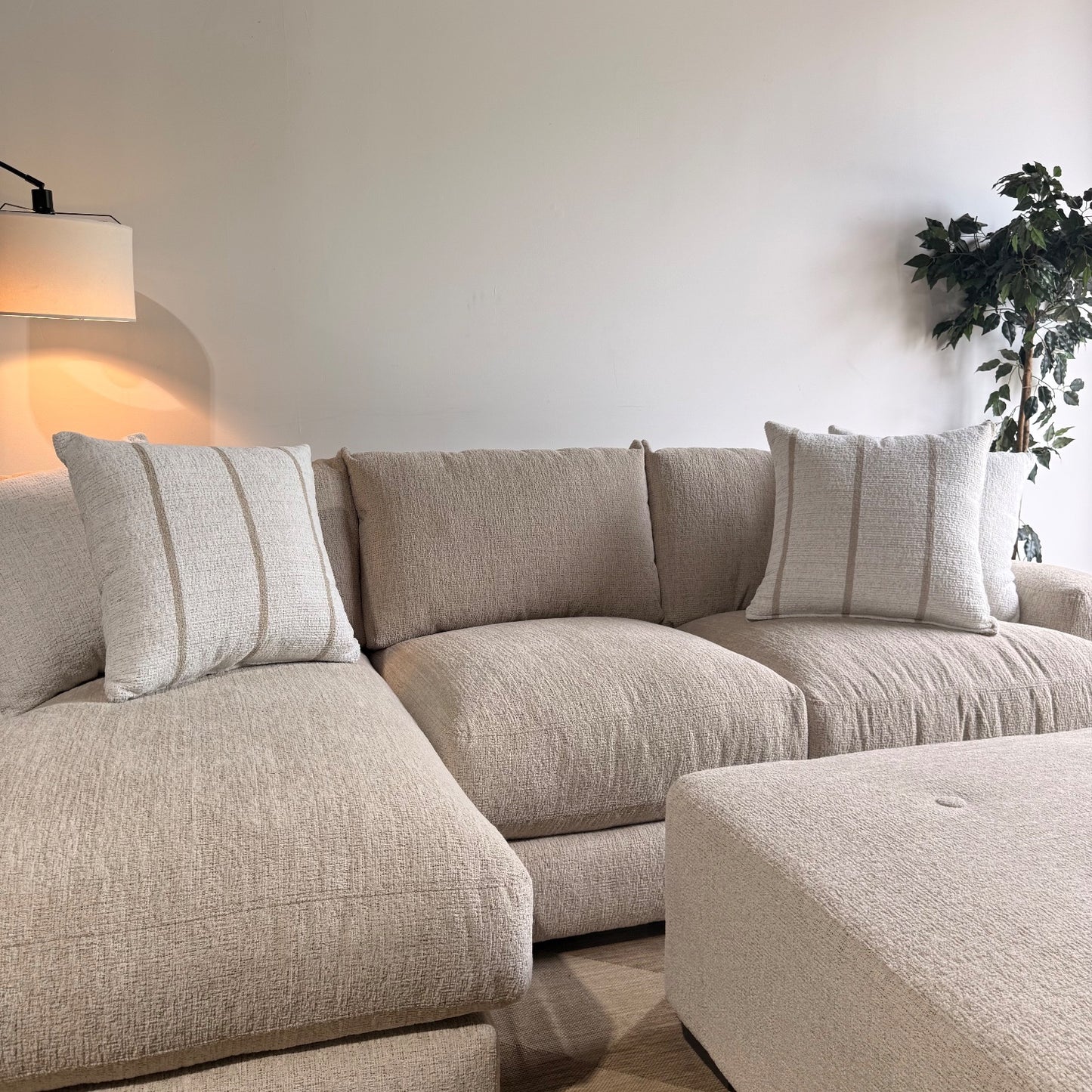 Parker Left Chaise Sectional + Ottoman in Beige Chenille — Kindred Couches