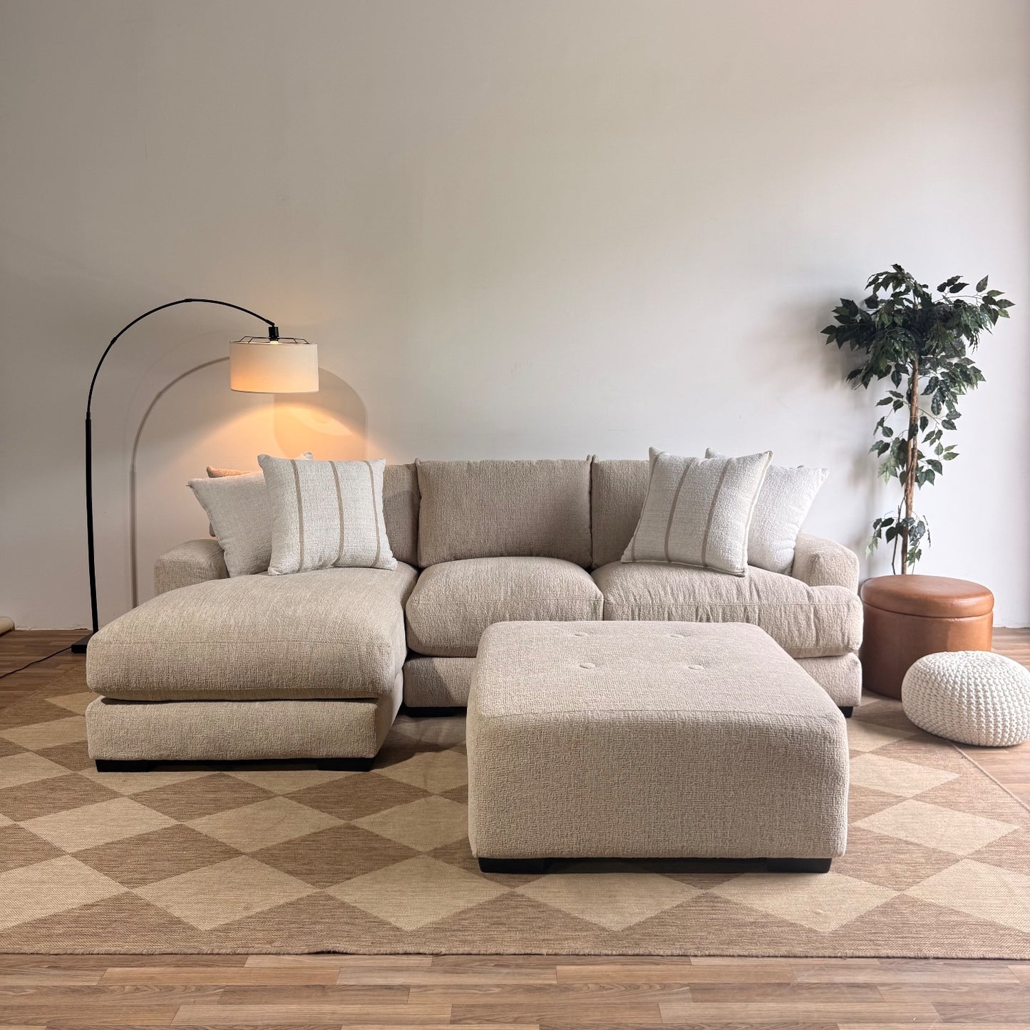 Parker Left Chaise Sectional + Ottoman in Beige Chenille — Kindred Couches