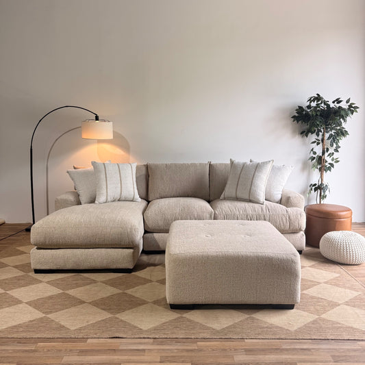 Parker Left Chaise Sectional + Ottoman in Beige Chenille — Kindred Couches