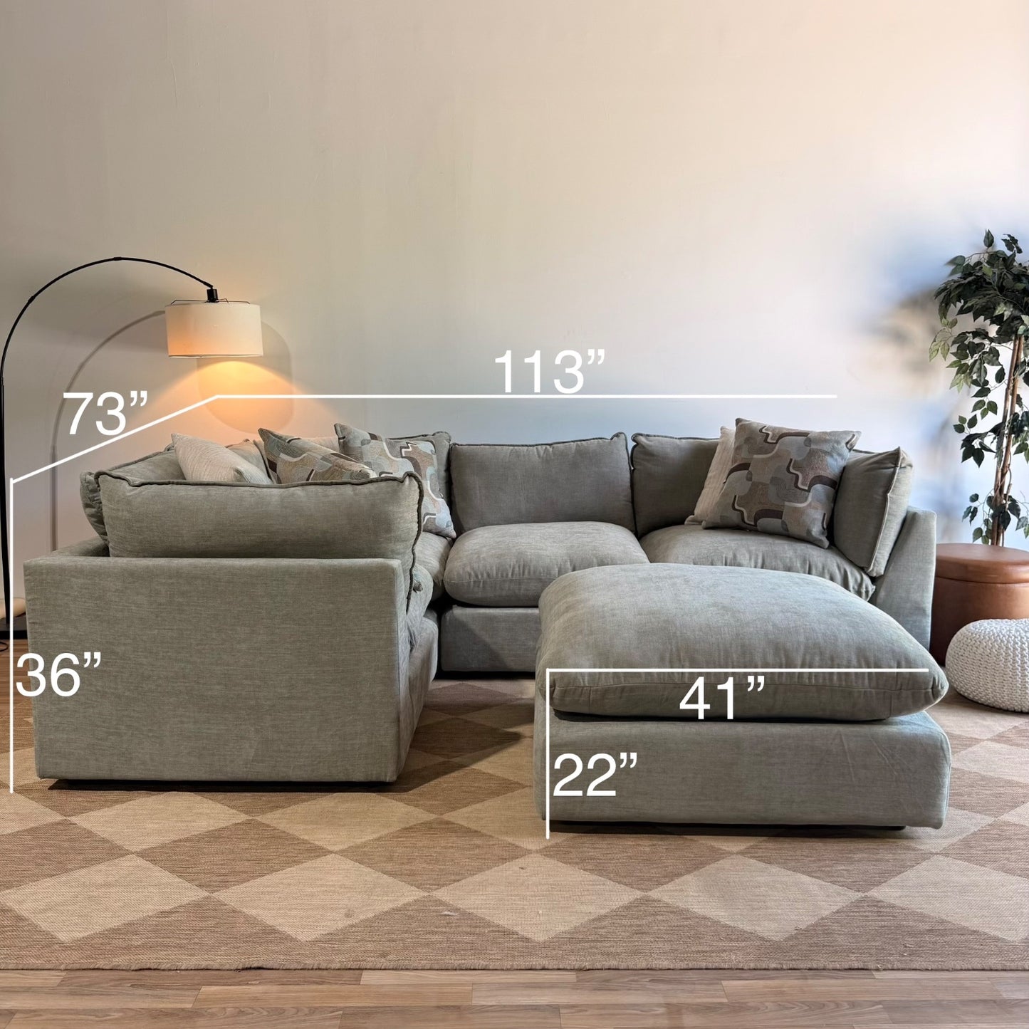 Mesa L-Shape Enclosed Sectional w/ Ottoman in Sage Green Chenille