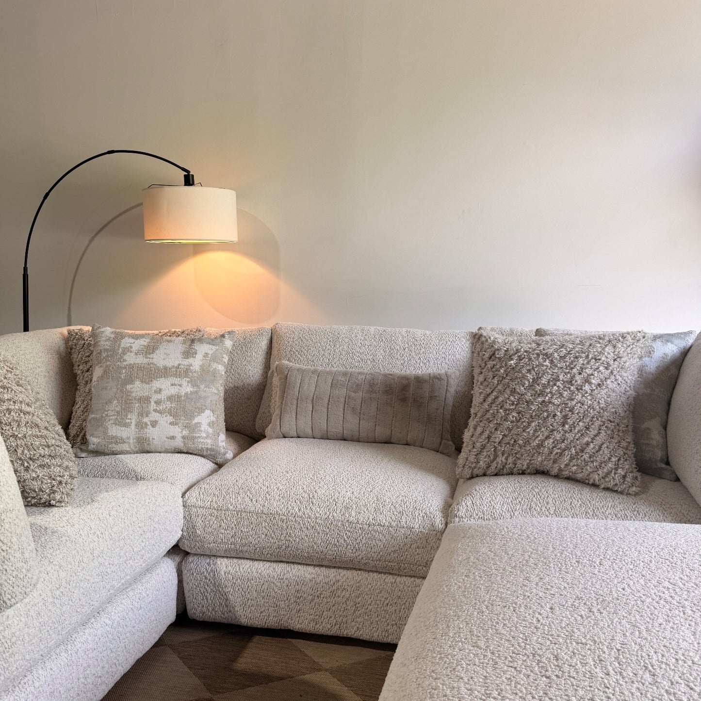 Georgia L-Shape Enclosed Sectional + Ottoman in Cream Boucle