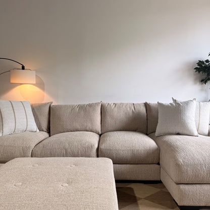 Parker Long Right Chaise Sectional + Ottoman in Beige Chenille — Kindred Couches