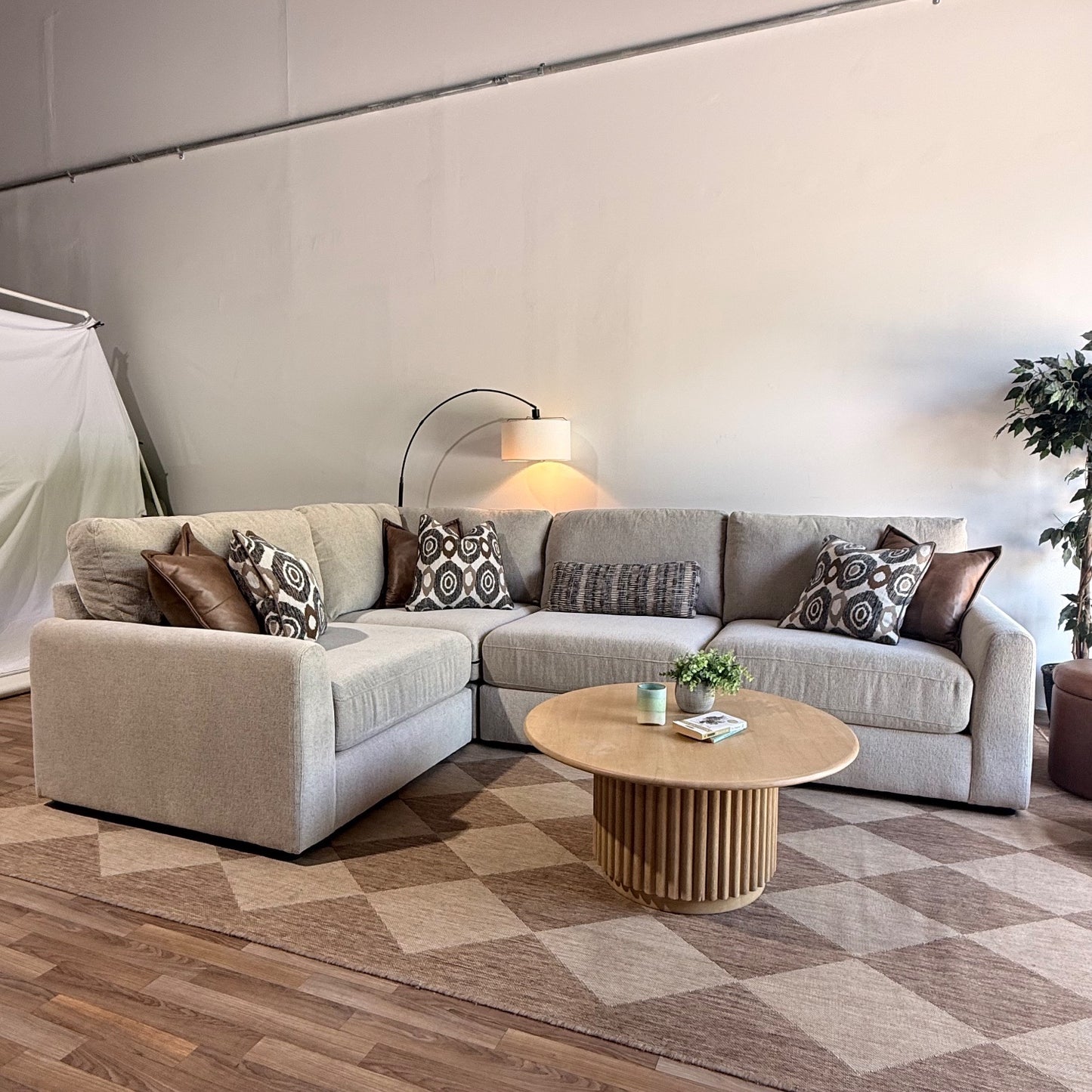 Oak L-Shape Enclosed in Beige Performance Fabric