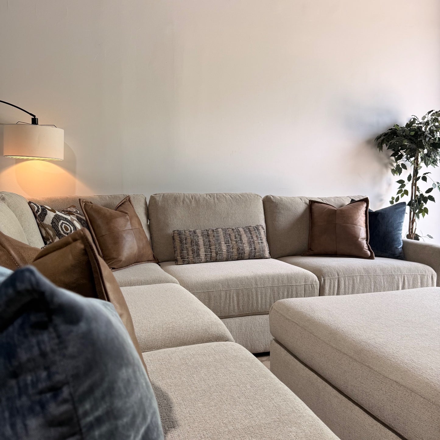 Oak Corner Sectional + Ottoman in Beige Performance Fabric