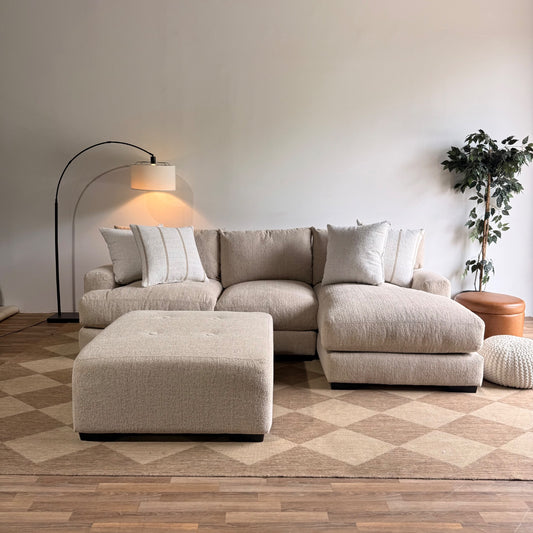 Parker Right Chaise Sectional + Ottoman in Beige Chenille — Kindred Couches