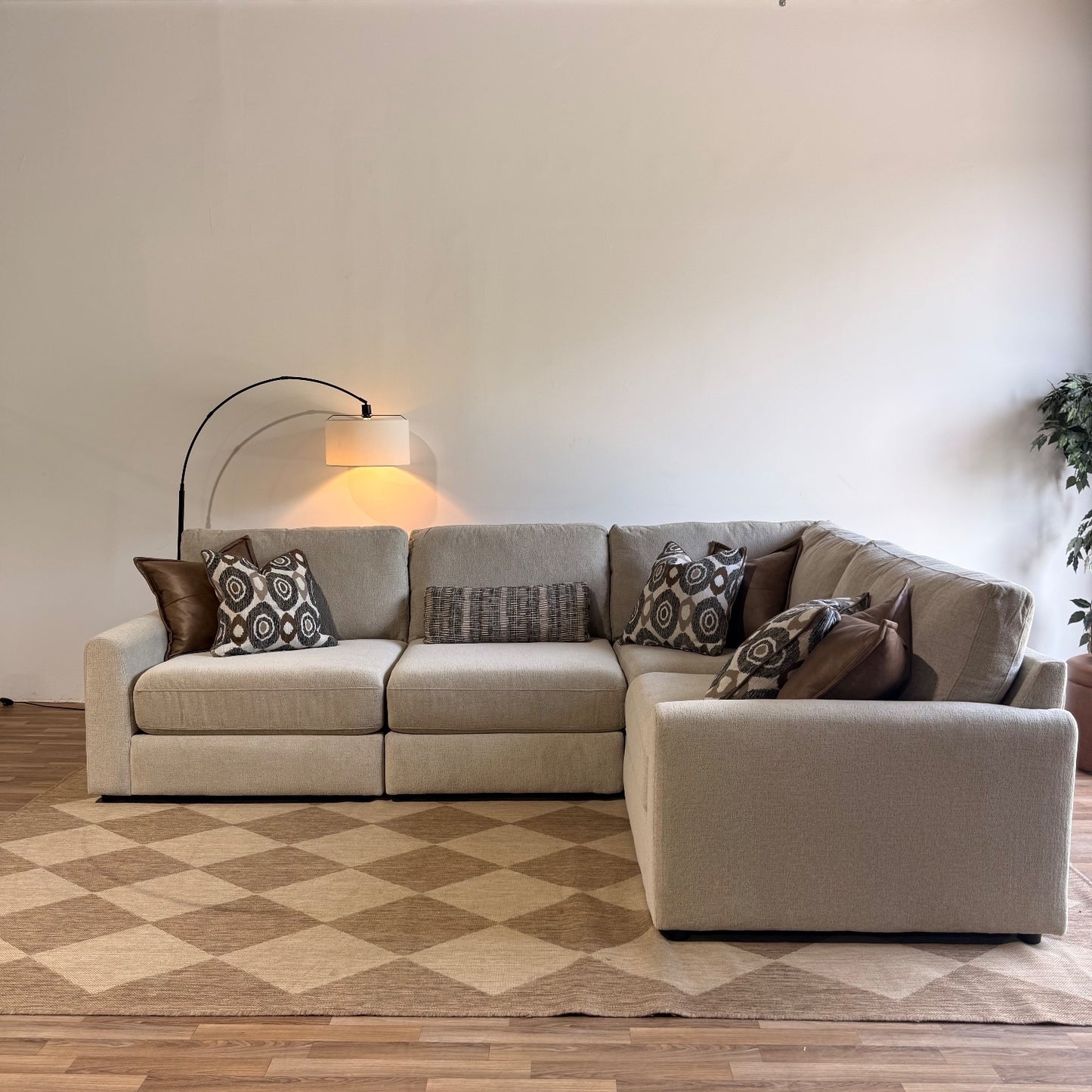 Oak L-Shape Enclosed in Beige Performance Fabric
