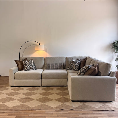 Oak L-Shape Enclosed in Beige Performance Fabric