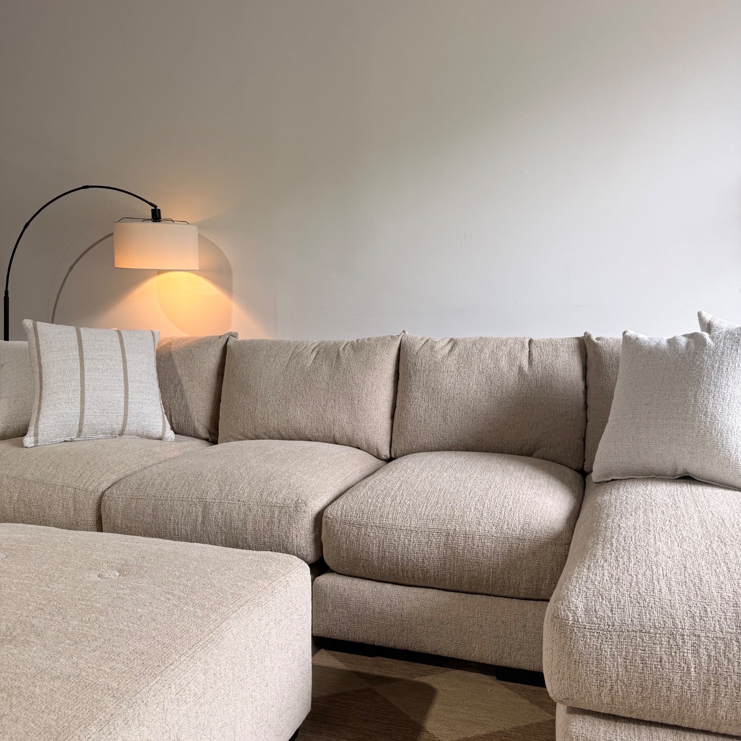 Parker Long Right Chaise Sectional + Ottoman in Beige Chenille — Kindred Couches