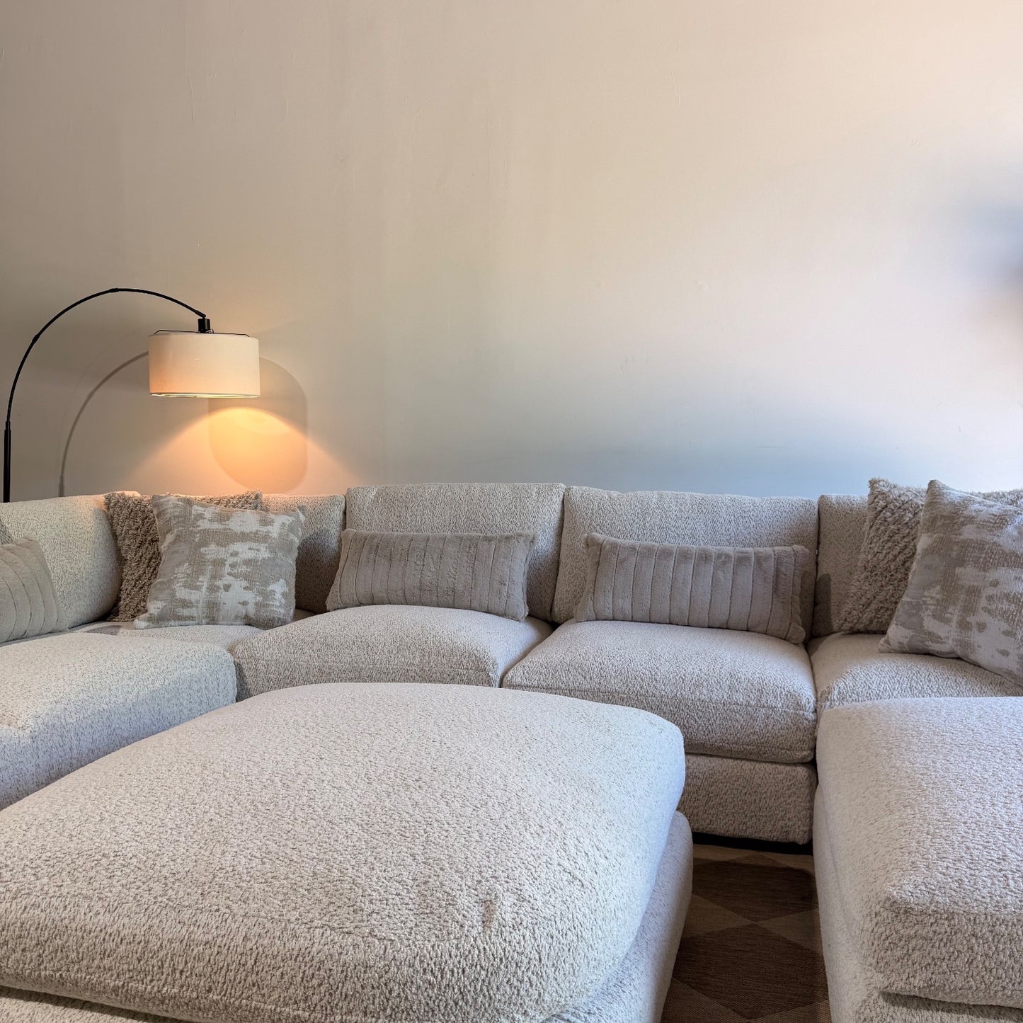 Georgia Grand Corner Sectional + 2 Ottomans in Cream Boucle