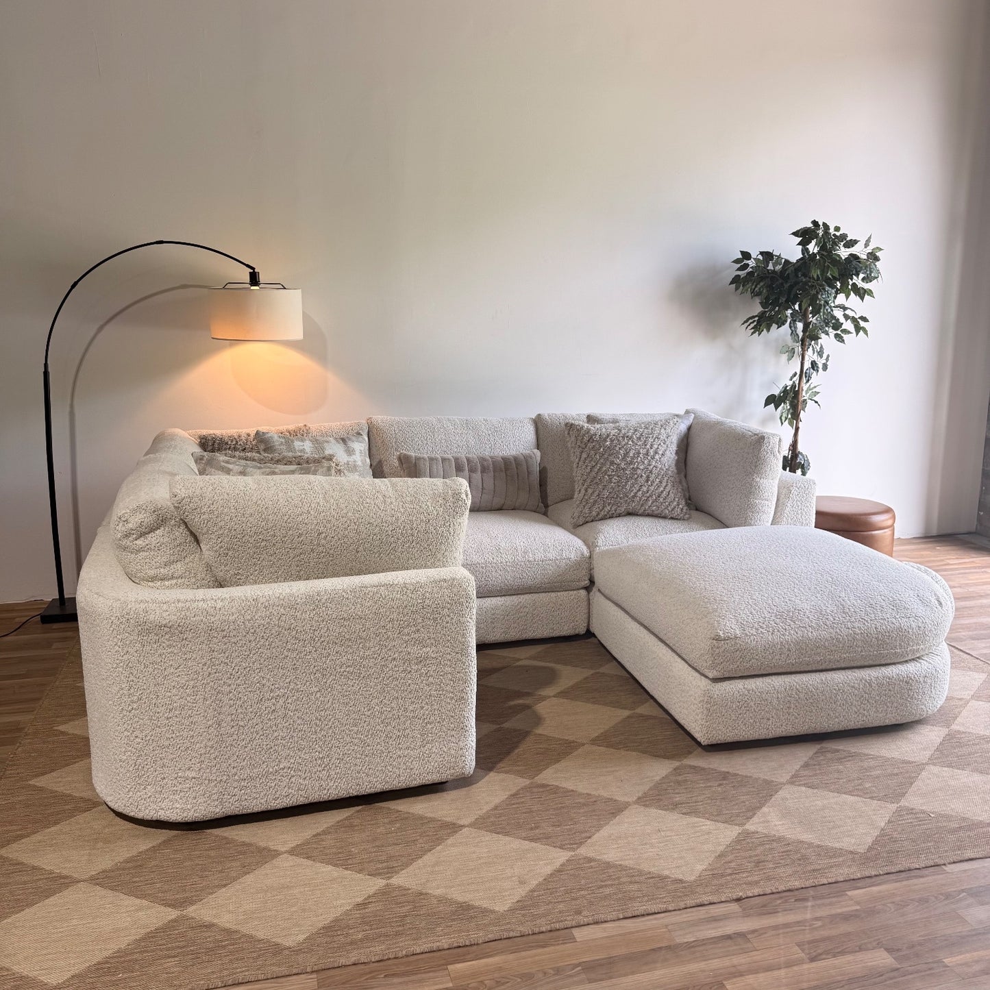 Georgia L-Shape Enclosed Sectional + Ottoman in Cream Boucle