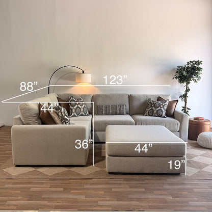 Oak L-Shape Enclosed + Ottoman in Beige Performance Fabric