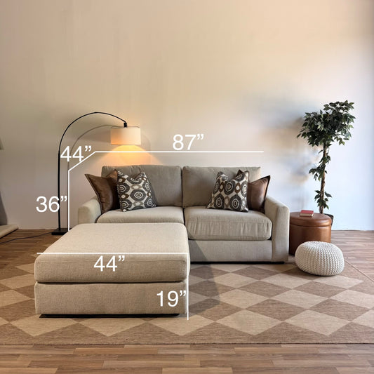 Oak Loveseat + Ottoman in Beige Performance Fabric