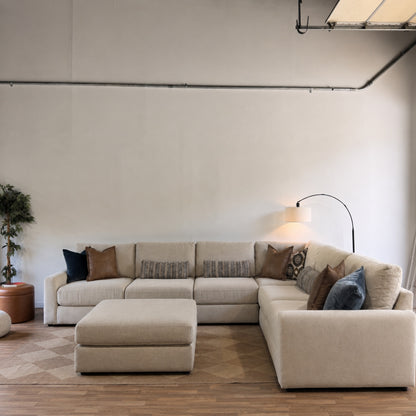 Oak Grand Corner Sectional + Ottoman in Beige Performance Fabric