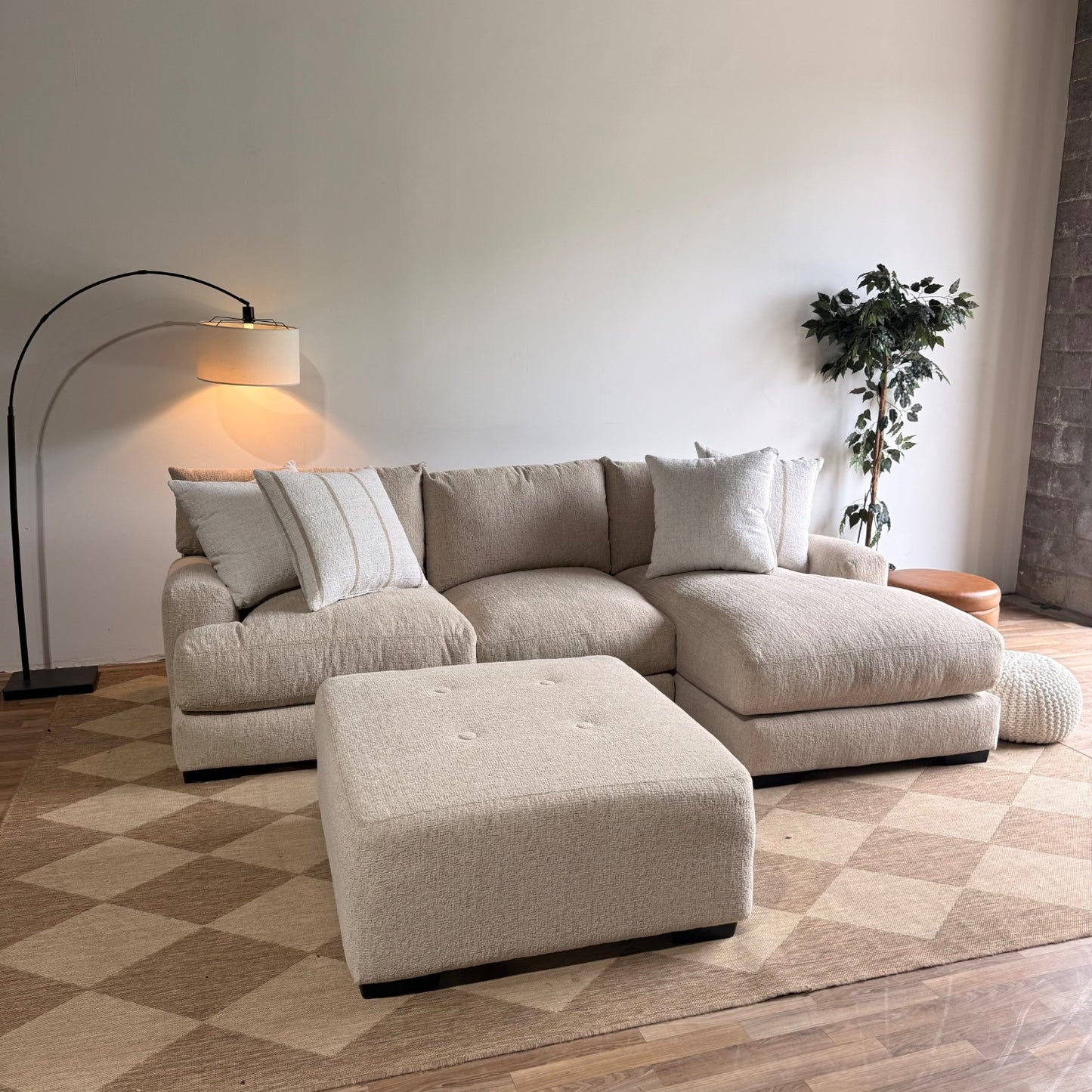Parker Right Chaise Sectional + Ottoman in Beige Chenille — Kindred Couches