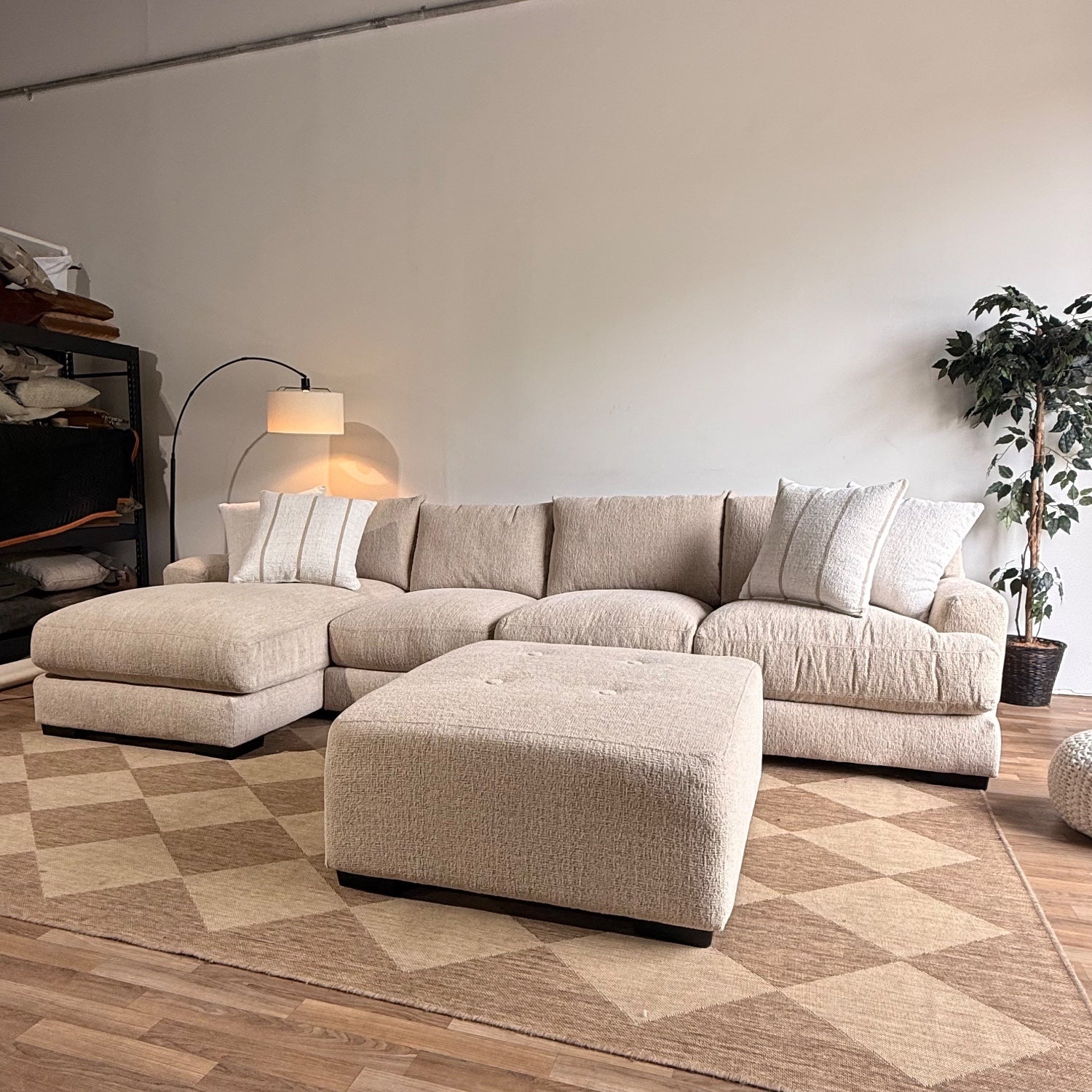 Parker Long Left Chaise Sectional + Ottoman in Beige — Kindred Couches