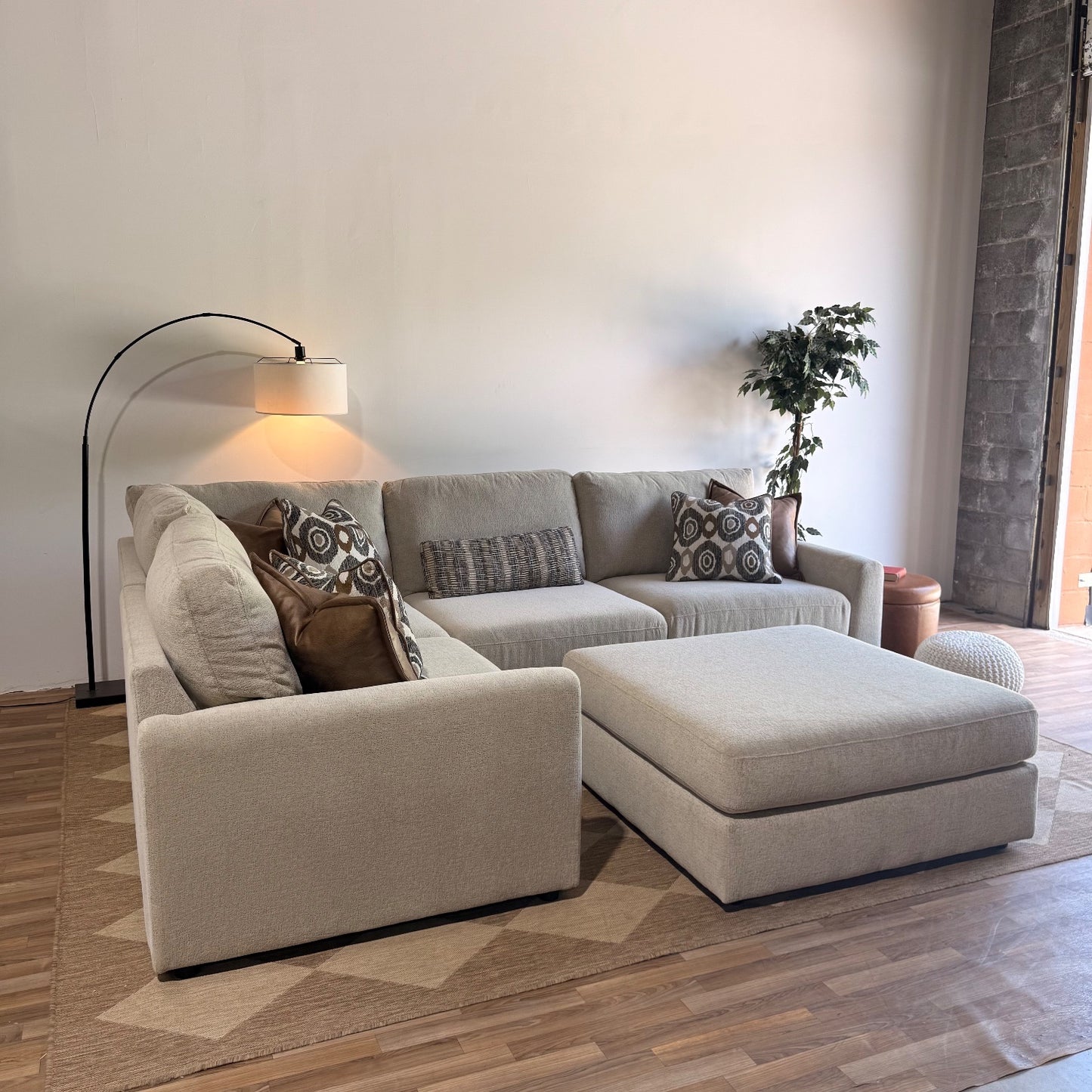 Oak L-Shape Enclosed + Ottoman in Beige Performance Fabric
