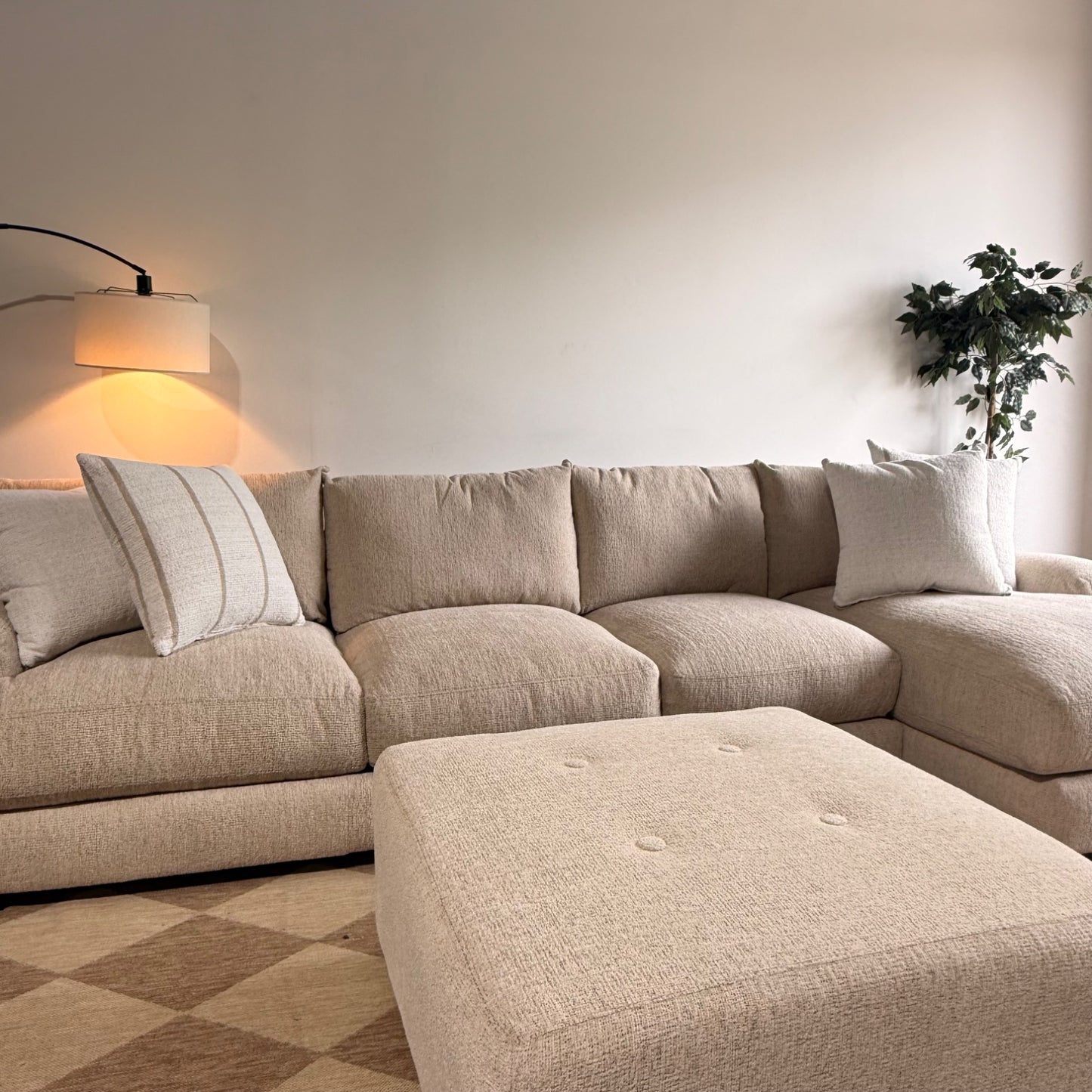 Parker Long Right Chaise Sectional + Ottoman in Beige Chenille — Kindred Couches