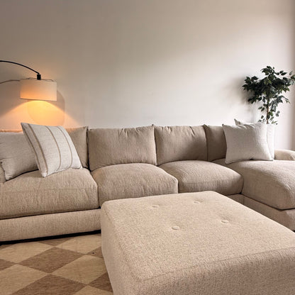 Parker Long Right Chaise Sectional + Ottoman in Beige Chenille — Kindred Couches