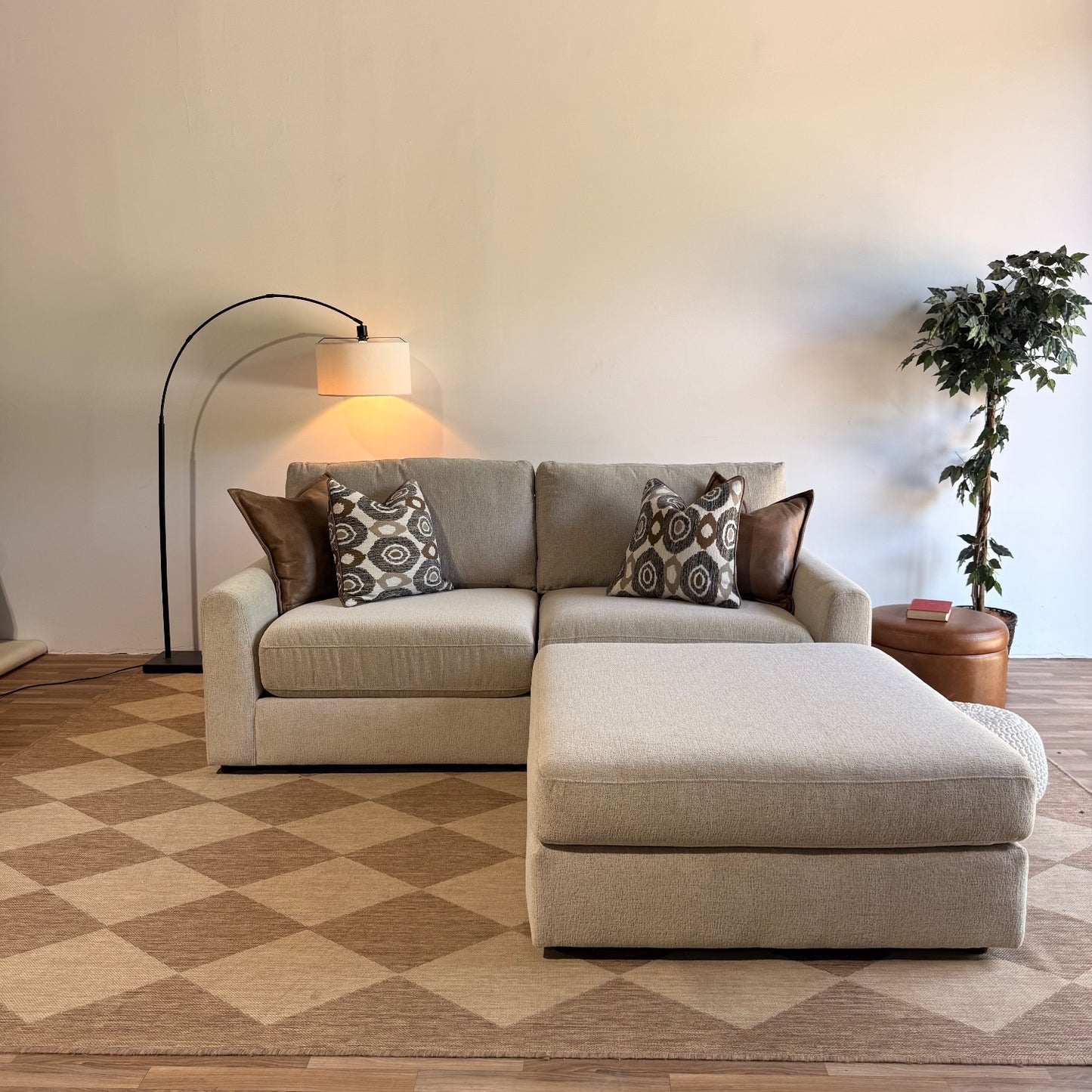 Oak Loveseat + Ottoman in Beige Performance Fabric