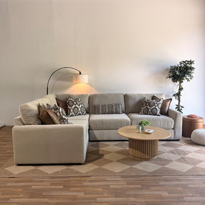 Oak L-Shape Enclosed in Beige Performance Fabric
