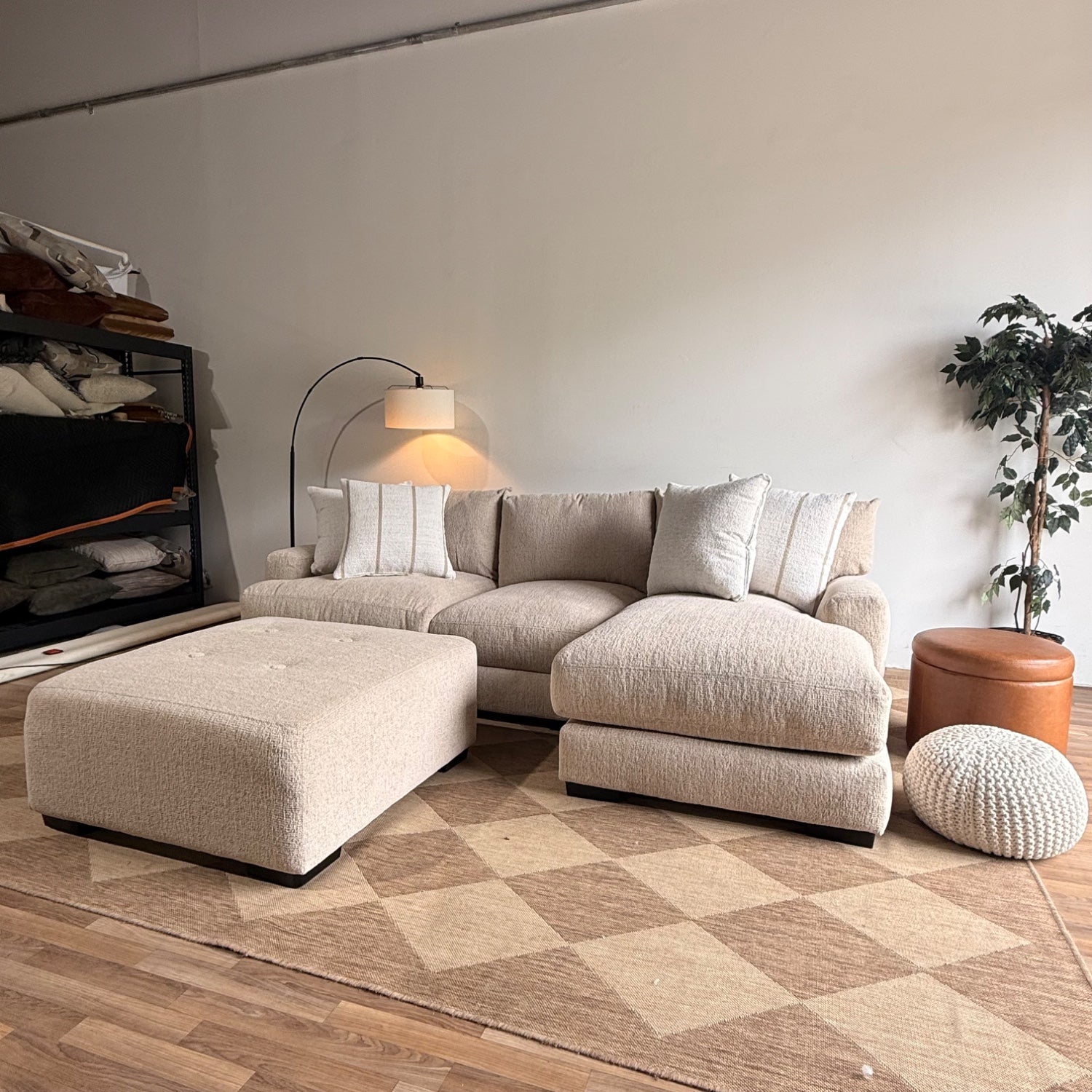 Parker Right Chaise Sectional + Ottoman in Beige Chenille — Kindred Couches