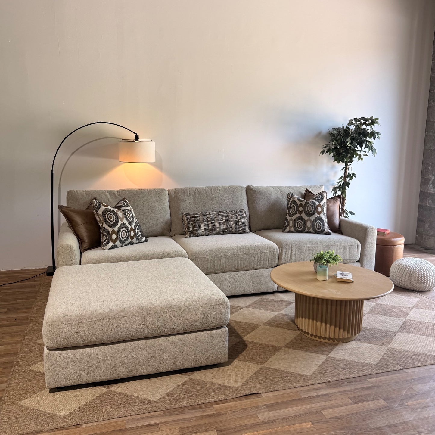 Oak Sofa + Ottoman in Beige Performance Fabric