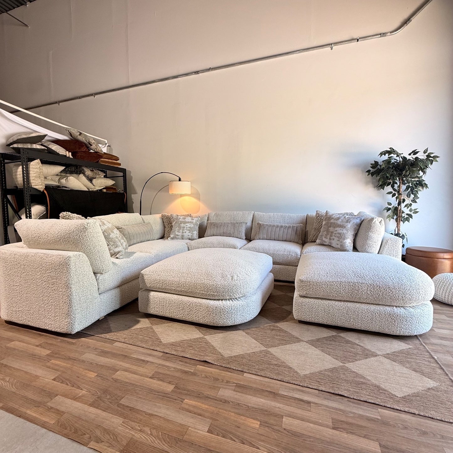 Georgia Grand Corner Sectional + 2 Ottomans in Cream Boucle