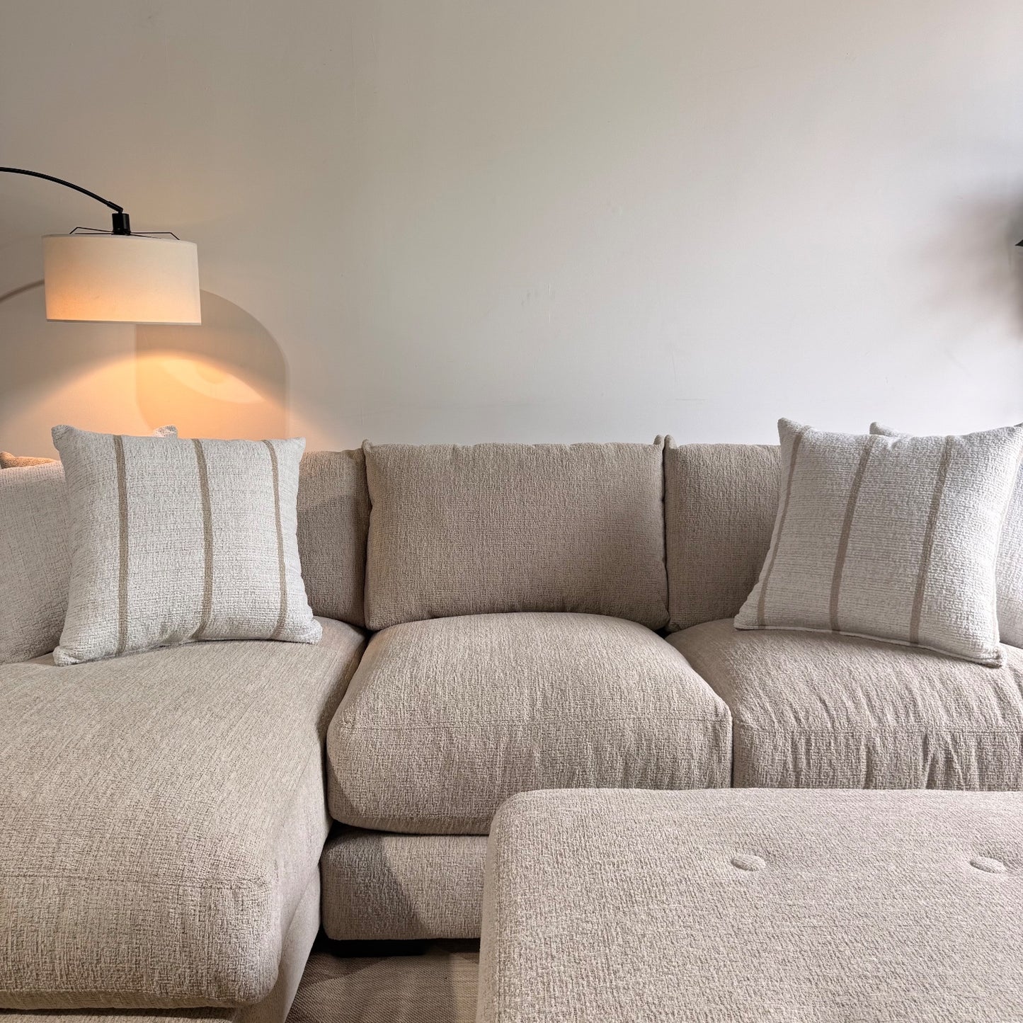 Parker Left Chaise Sectional + Ottoman in Beige Chenille — Kindred Couches