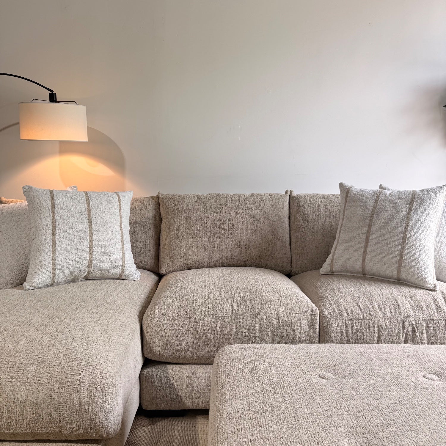 Parker Left Chaise Sectional + Ottoman in Beige Chenille — Kindred Couches