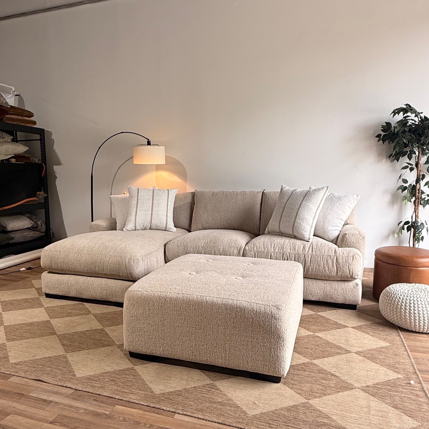 Parker Left Chaise Sectional + Ottoman in Beige Chenille — Kindred Couches