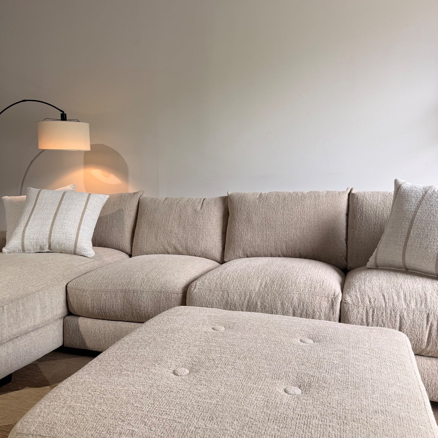 Parker Long Left Chaise Sectional + Ottoman in Beige — Kindred Couches