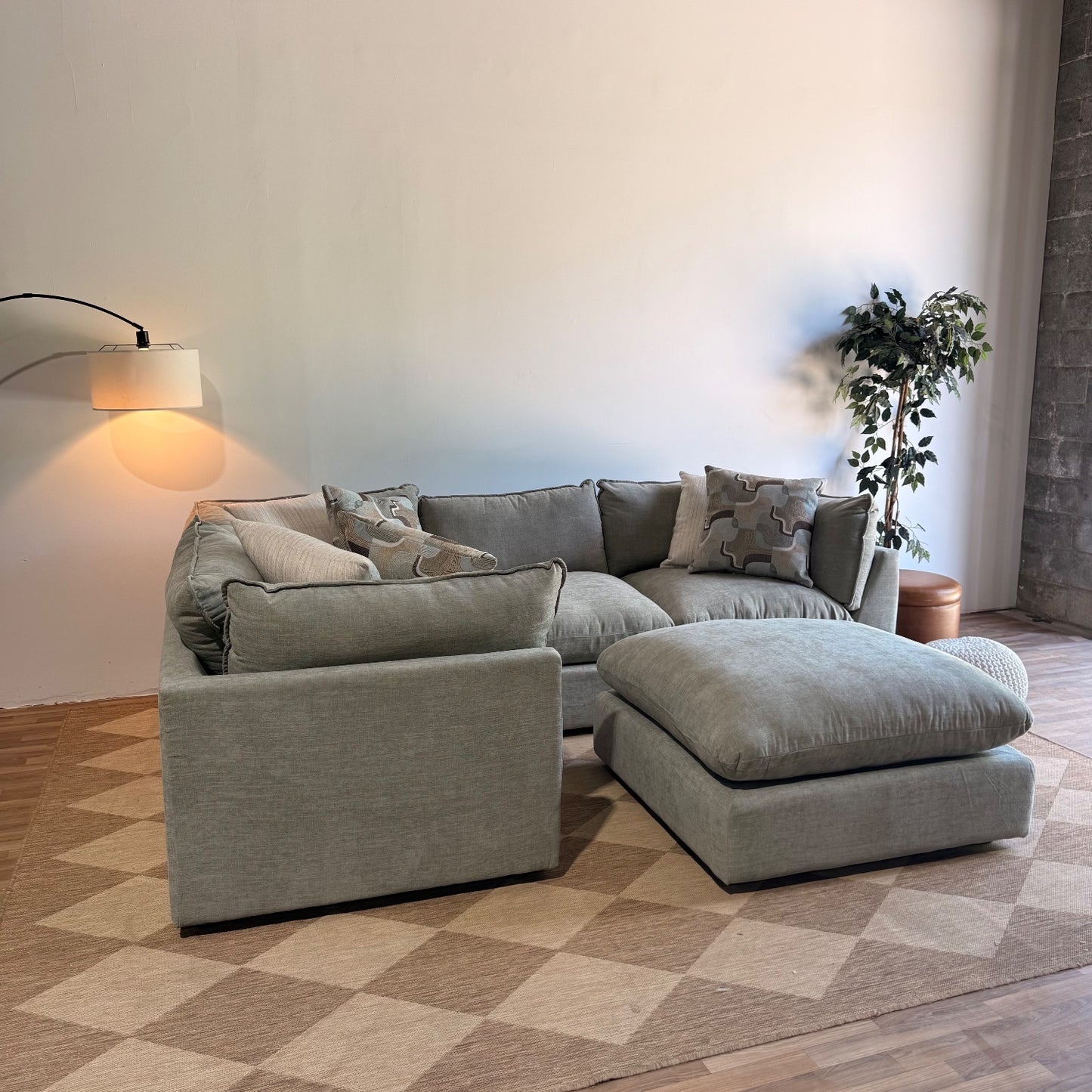Mesa L-Shape Enclosed Sectional w/ Ottoman in Sage Green Chenille