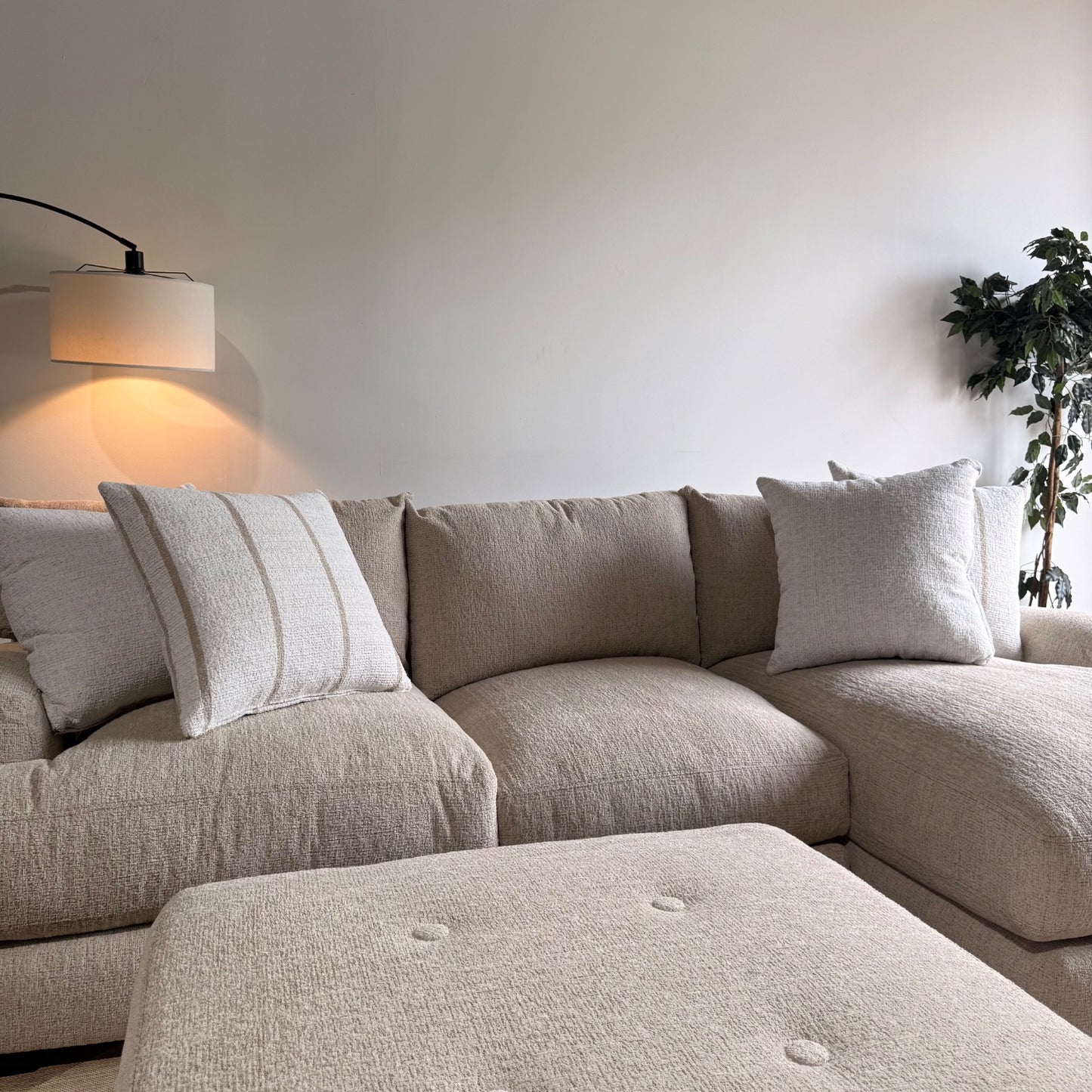 Parker Right Chaise Sectional + Ottoman in Beige Chenille — Kindred Couches