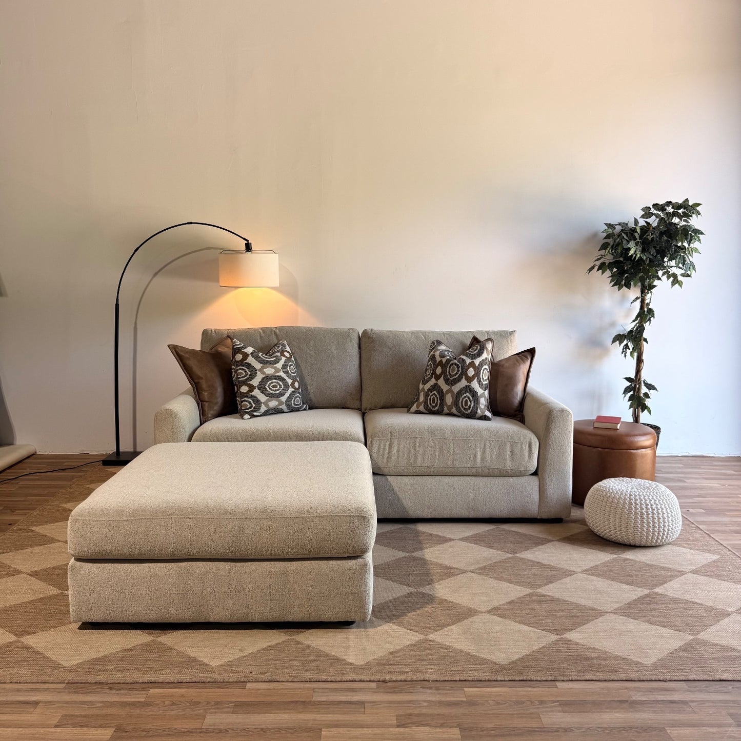 Oak Loveseat + Ottoman in Beige Performance Fabric