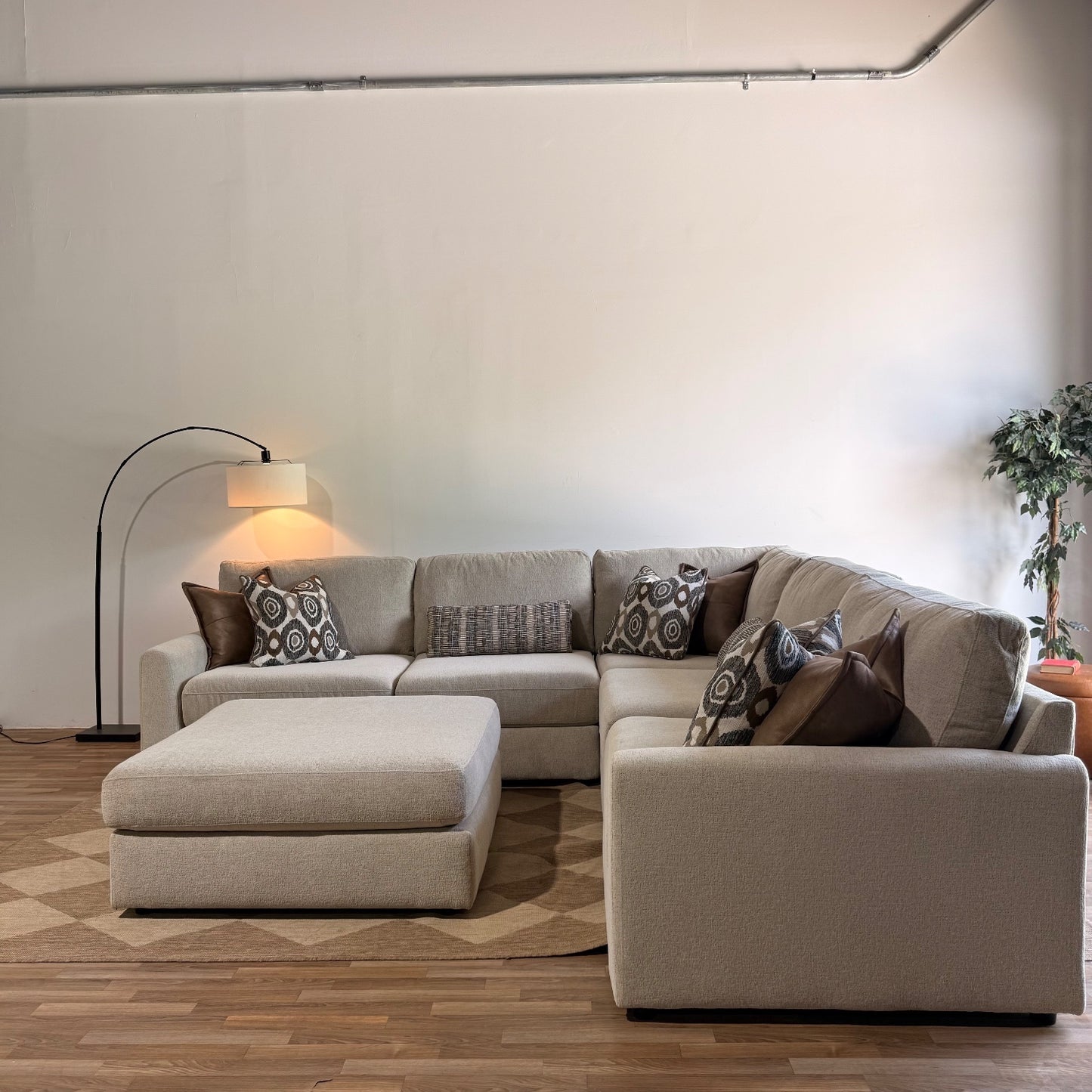 Oak Corner Sectional + Ottoman in Beige Performance Fabric